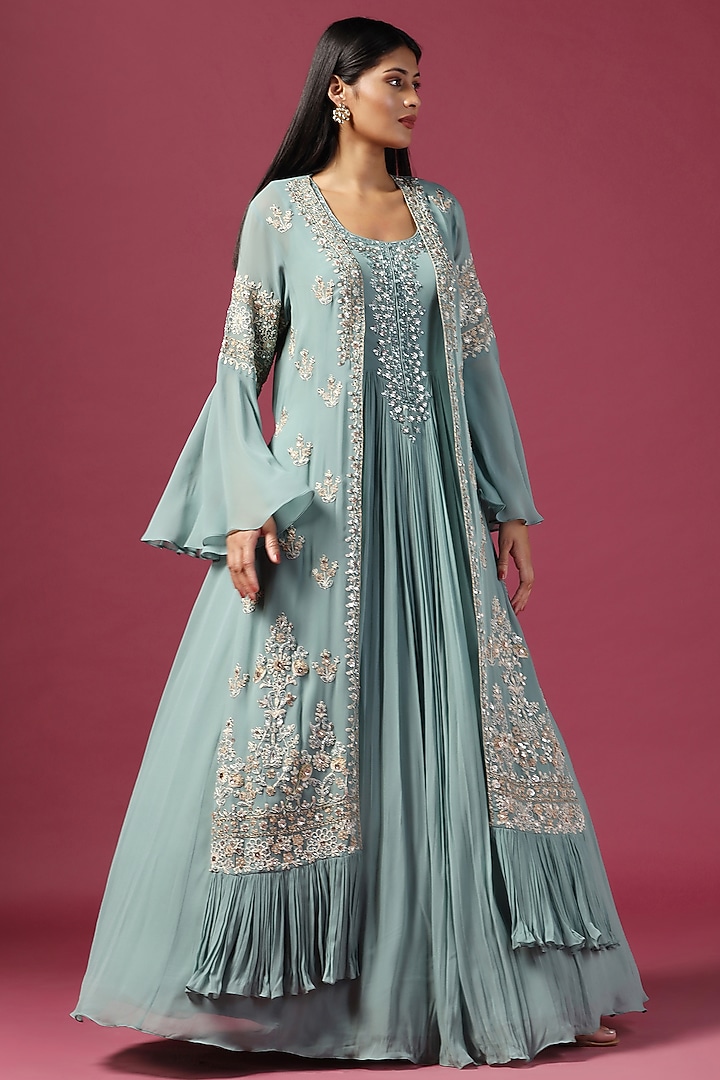 Sea Green Georgette Sequins Embroidered Bridal Anarkali With Cape by Two Sisters By Gyans at Pernia's Pop Up Shop