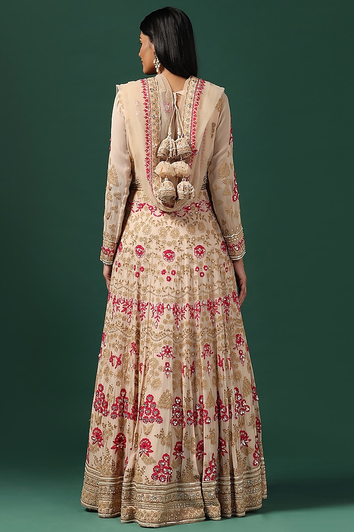 Beige Georgette Floral Embroidered Bridal Anarkali Set by Two Sisters By Gyans at Pernia's Pop Up Shop