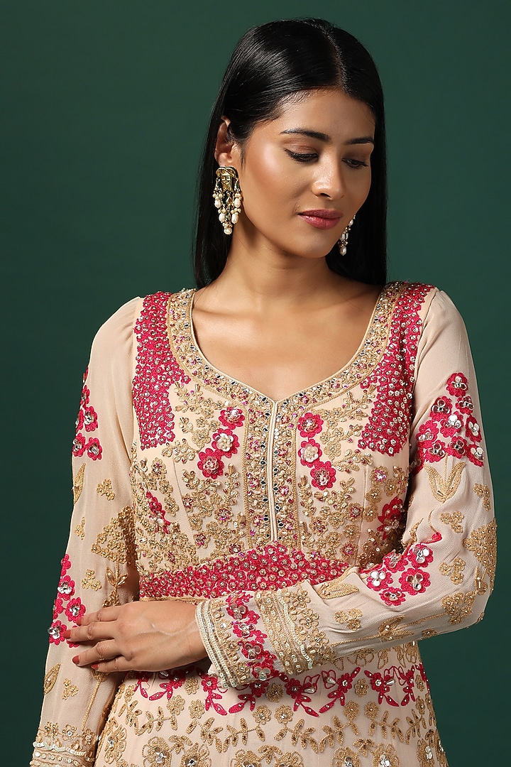Beige Georgette Floral Embroidered Bridal Anarkali Set by Two Sisters By Gyans at Pernia's Pop Up Shop
