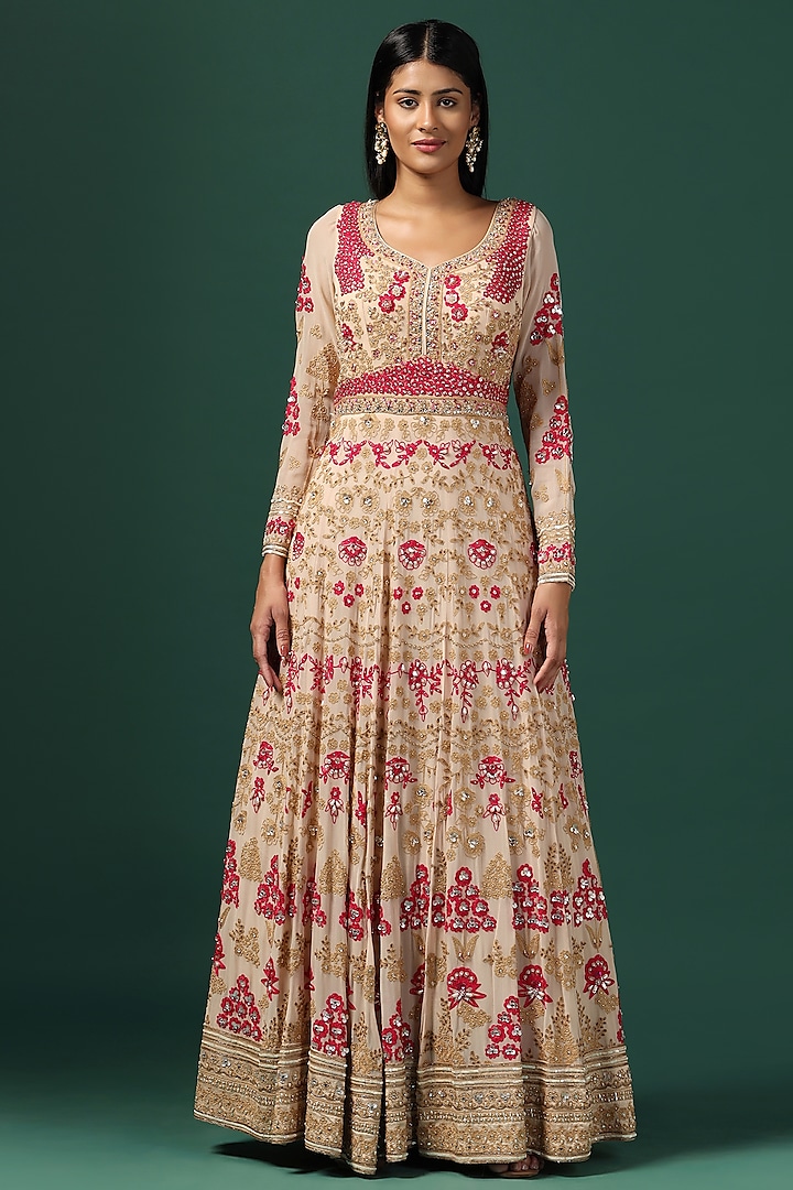 Beige Georgette Floral Embroidered Bridal Anarkali Set by Two Sisters By Gyans at Pernia's Pop Up Shop