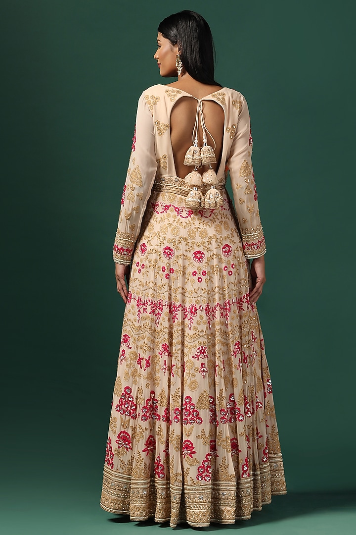 Beige Georgette Floral Embroidered Bridal Anarkali Set by Two Sisters By Gyans at Pernia's Pop Up Shop