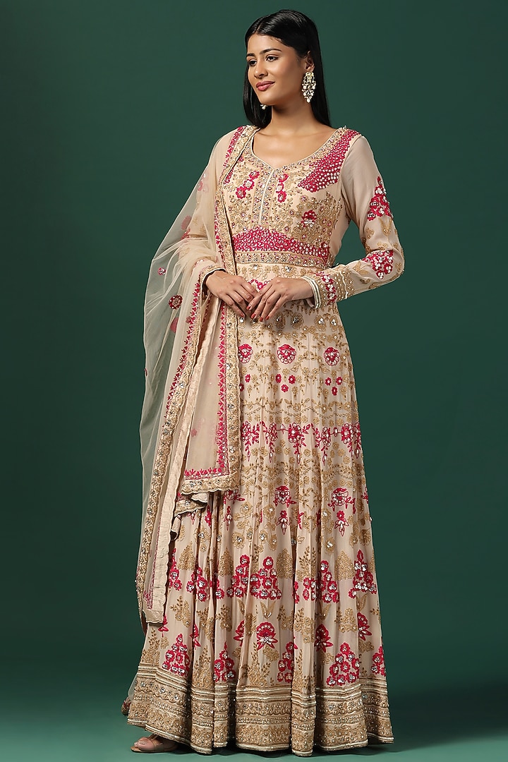 Beige Georgette Floral Embroidered Bridal Anarkali Set by Two Sisters By Gyans at Pernia's Pop Up Shop