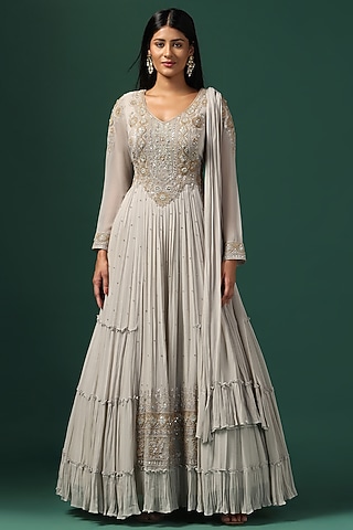 Grey Georgette Sequins Embroidered Anarkali Set by Two Sisters By Gyans