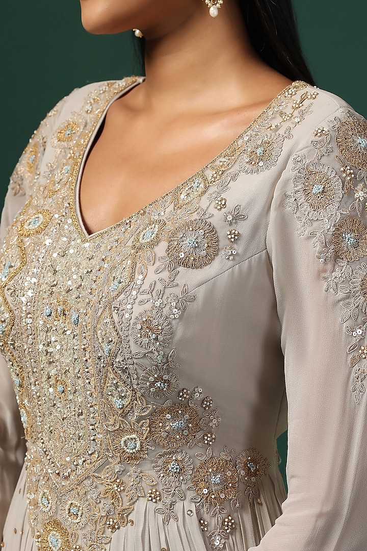 Grey Georgette Sequins Embroidered Bridal Anarkali Set by Two Sisters By Gyans at Pernia's Pop Up Shop