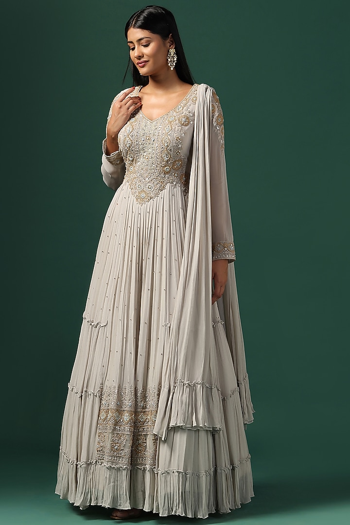 Grey Georgette Sequins Embroidered Bridal Anarkali Set by Two Sisters By Gyans at Pernia's Pop Up Shop