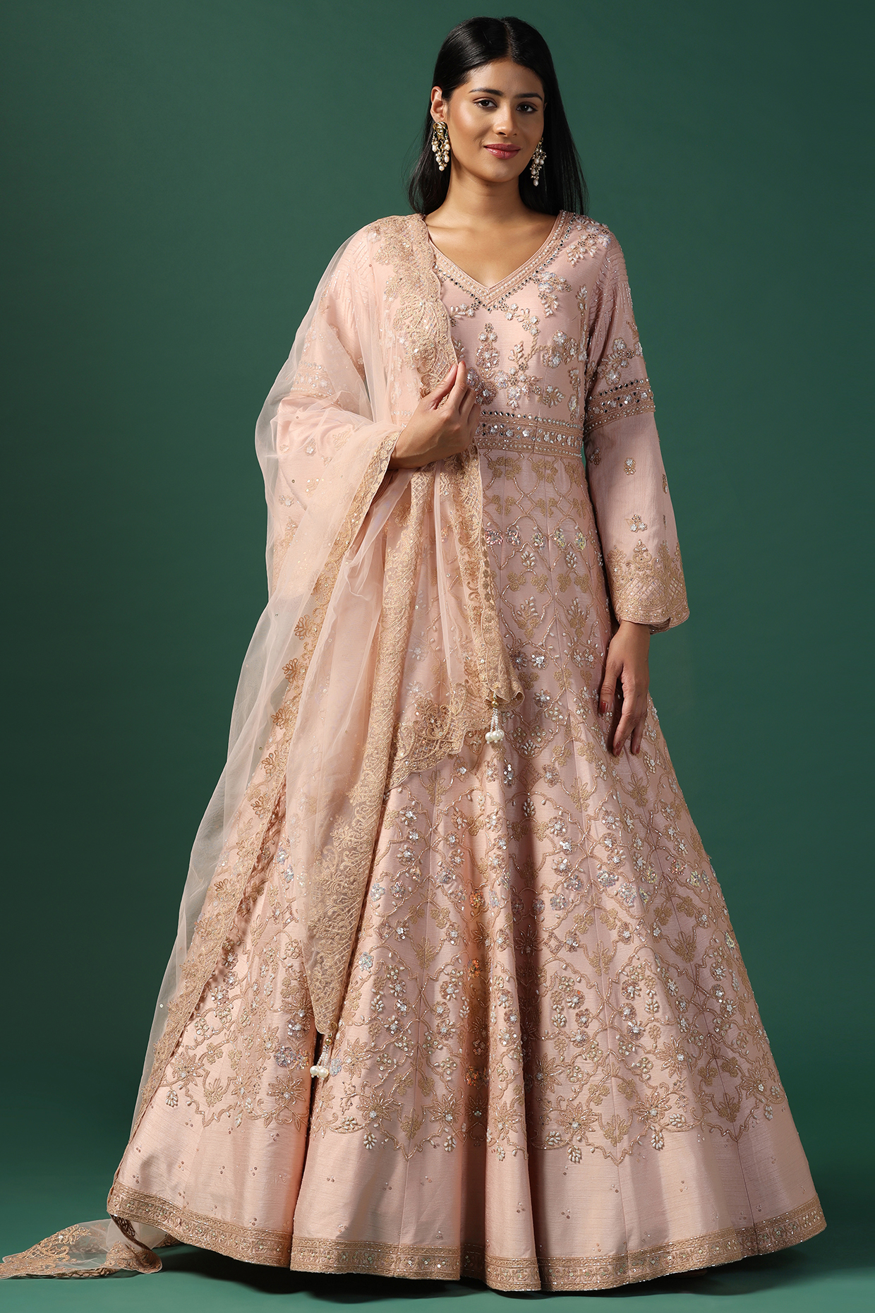 Peach Georgette Sequins Embroidered Bridal Anarkali Set by Two Sisters By Gyans at Pernia's Pop Up Shop