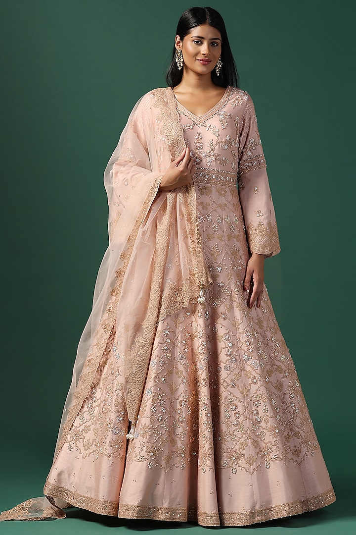 Peach Georgette Sequins Embroidered Bridal Anarkali Set by Two Sisters By Gyans at Pernia's Pop Up Shop