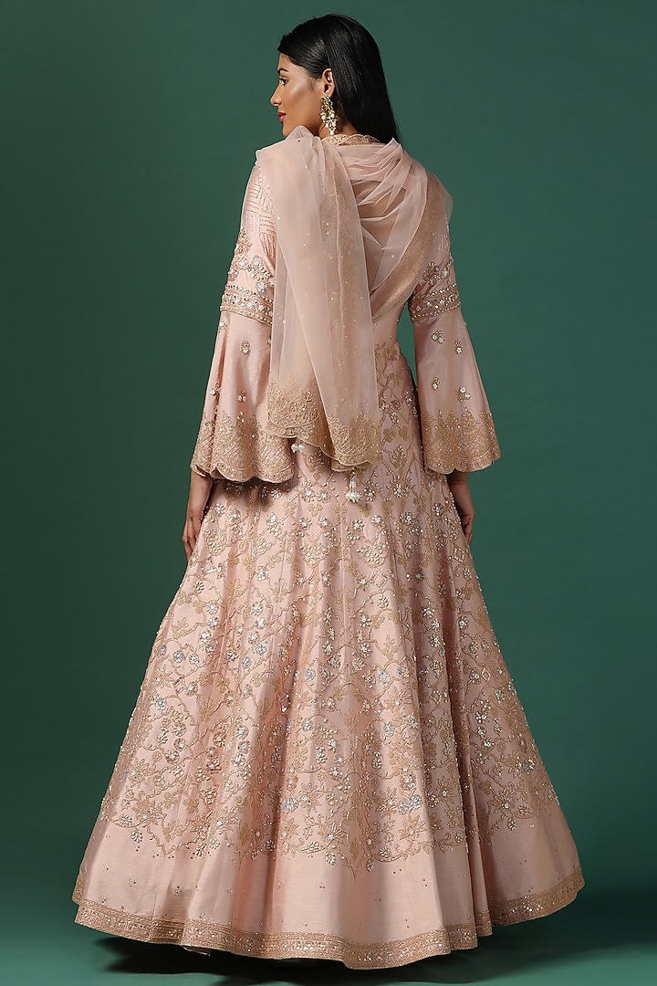 Peach Georgette Sequins Embroidered Bridal Anarkali Set by Two Sisters By Gyans at Pernia's Pop Up Shop