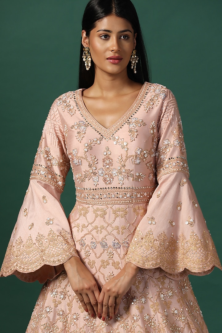 Peach Georgette Sequins Embroidered Bridal Anarkali Set by Two Sisters By Gyans at Pernia's Pop Up Shop