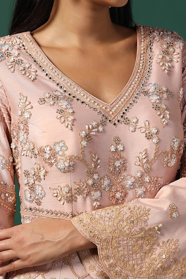 Peach Georgette Sequins Embroidered Bridal Anarkali Set by Two Sisters By Gyans at Pernia's Pop Up Shop