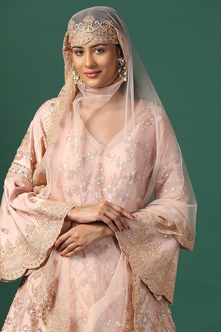 Peach Georgette Sequins Embroidered Bridal Anarkali Set by Two Sisters By Gyans at Pernia's Pop Up Shop