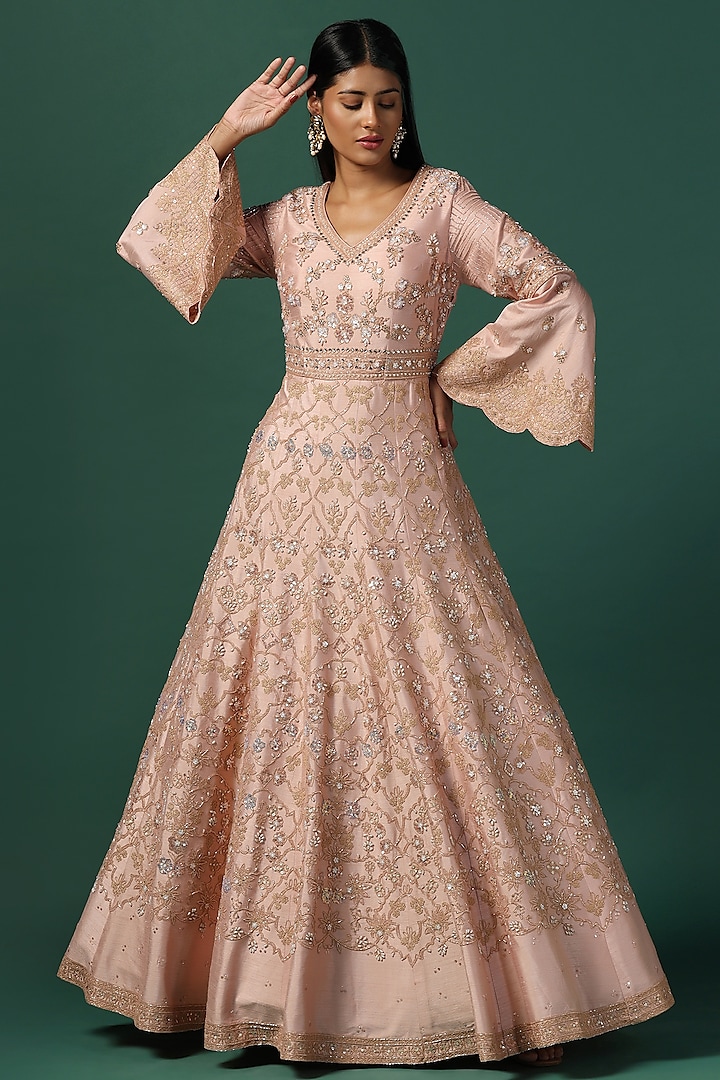 Peach Georgette Sequins Embroidered Bridal Anarkali Set by Two Sisters By Gyans at Pernia's Pop Up Shop