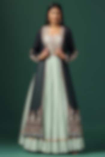 Sea Green Georgette Zari Work Wedding Anarkali With Cape by Two Sisters By Gyans at Pernia's Pop Up Shop