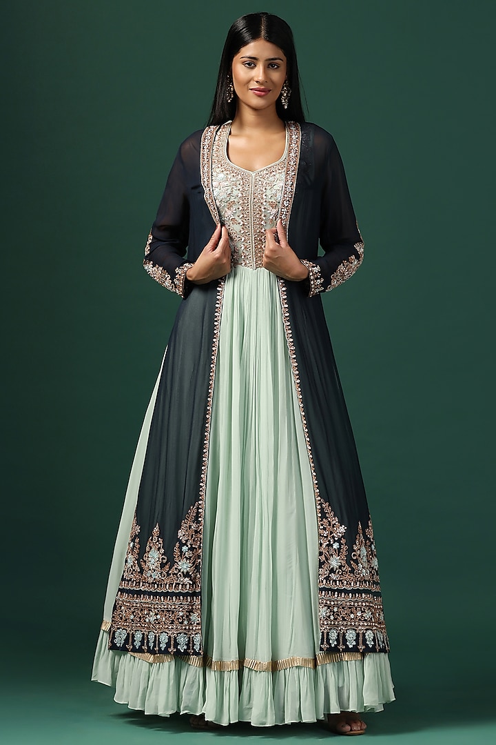 Sea Green Georgette Zari Work Wedding Anarkali With Cape by Two Sisters By Gyans at Pernia's Pop Up Shop