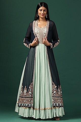 Sea Green Georgette Zari Work Anarkali With Cape by Two Sisters By Gyans