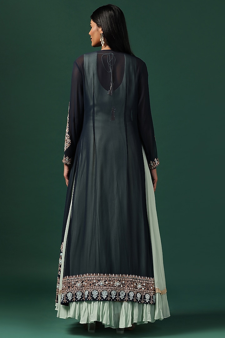 Sea Green Georgette Zari Work Bridal Anarkali With Cape by Two Sisters By Gyans at Pernia's Pop Up Shop