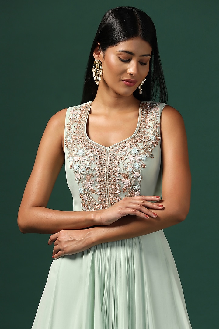 Sea Green Georgette Zari Work Bridal Anarkali With Cape by Two Sisters By Gyans at Pernia's Pop Up Shop