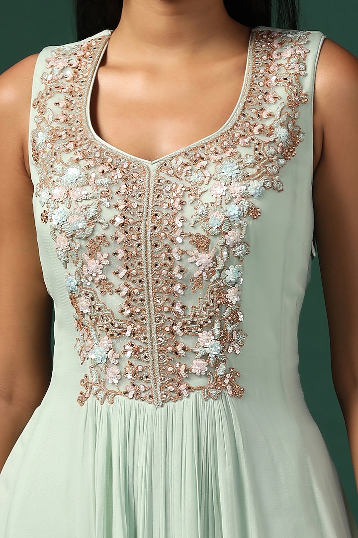 Sea Green Georgette Zari Work Bridal Anarkali With Cape by Two Sisters By Gyans at Pernia's Pop Up Shop