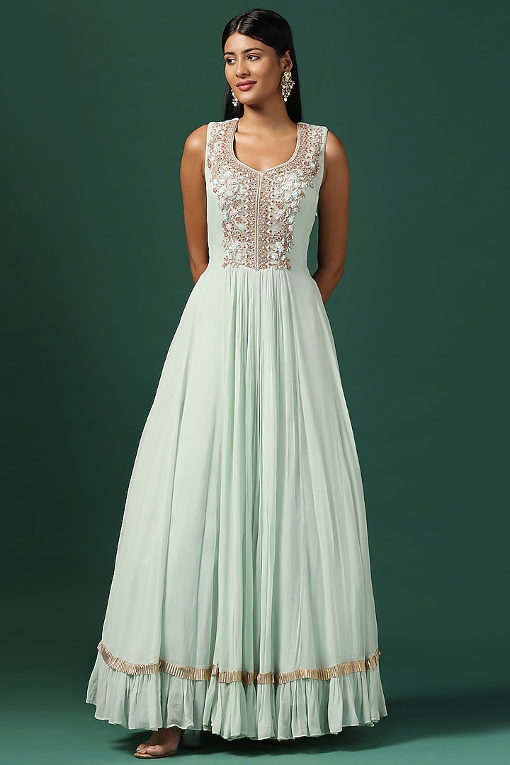 Sea Green Georgette Zari Work Bridal Anarkali With Cape by Two Sisters By Gyans at Pernia's Pop Up Shop