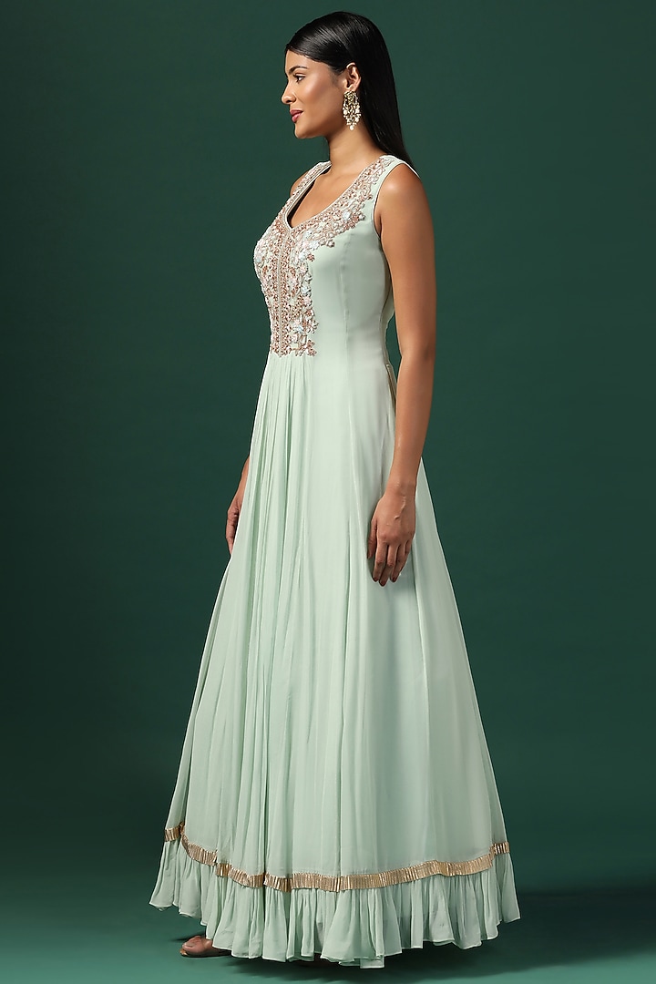 Sea Green Georgette Zari Work Bridal Anarkali With Cape by Two Sisters By Gyans at Pernia's Pop Up Shop