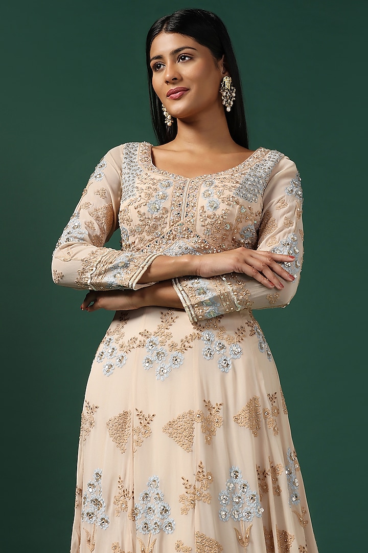 Beige Georgette Sequins Embroidered Bridal Anarkali Set by Two Sisters By Gyans at Pernia's Pop Up Shop