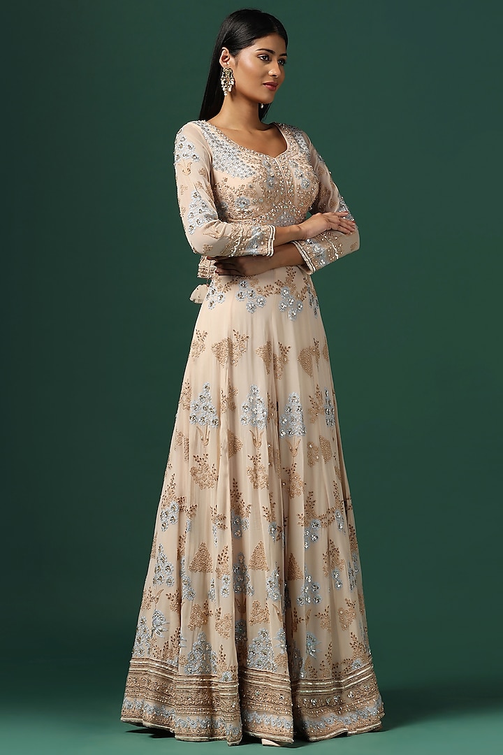 Beige Georgette Sequins Embroidered Bridal Anarkali Set by Two Sisters By Gyans at Pernia's Pop Up Shop