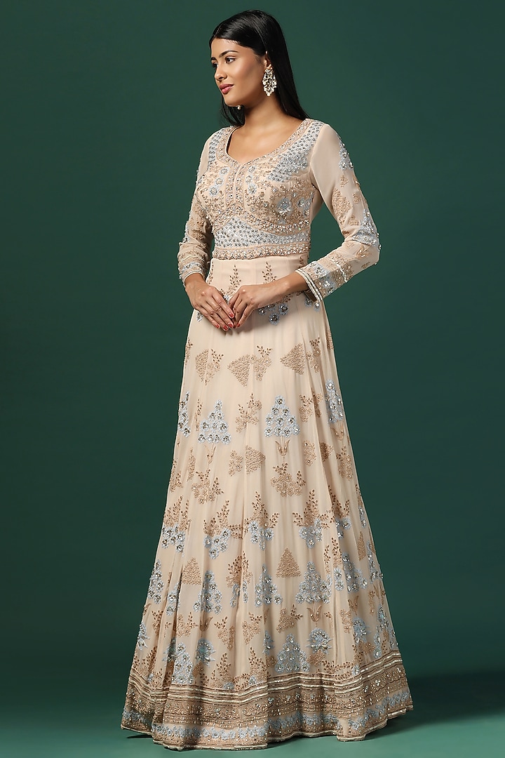 Beige Georgette Sequins Embroidered Bridal Anarkali Set by Two Sisters By Gyans at Pernia's Pop Up Shop