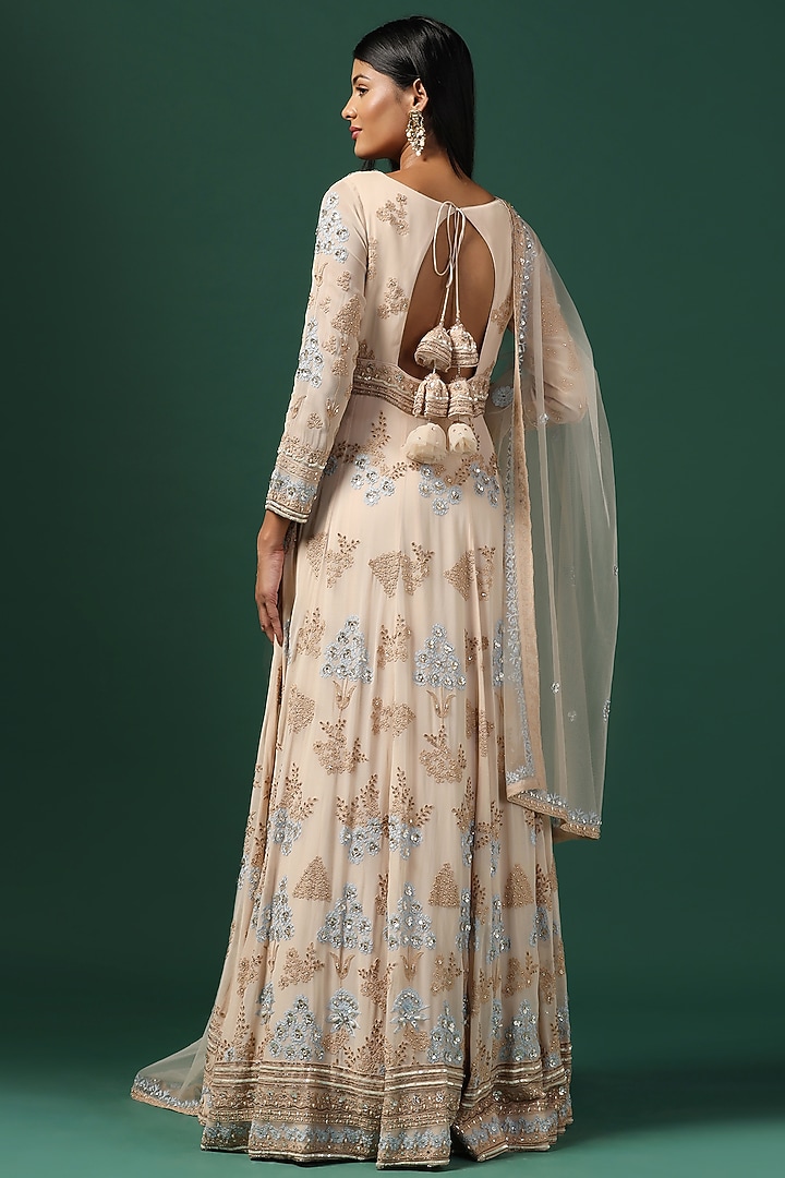 Beige Georgette Sequins Embroidered Bridal Anarkali Set by Two Sisters By Gyans at Pernia's Pop Up Shop