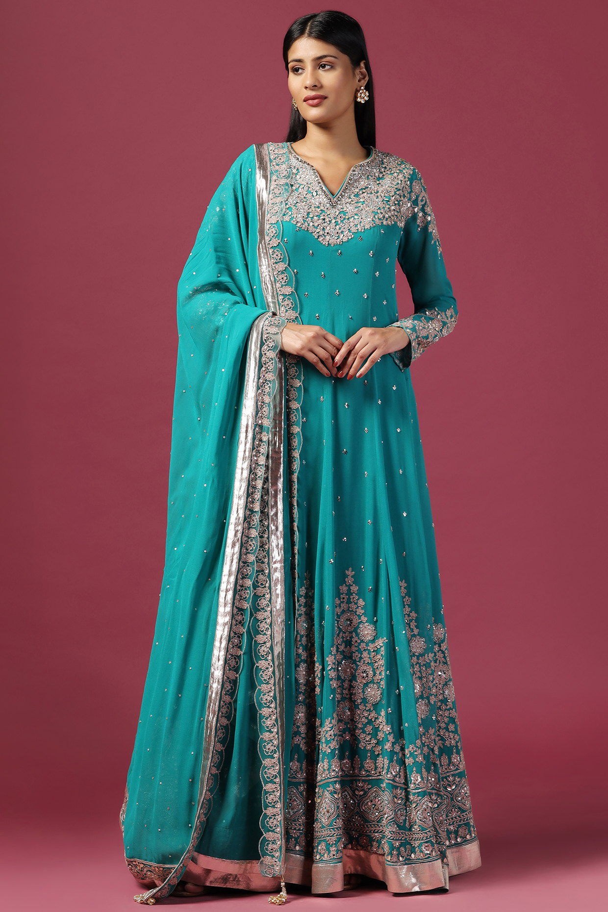 Green Georgette Sequins Embroidered Bridal Anarkali Set by Two Sisters By Gyans at Pernia's Pop Up Shop