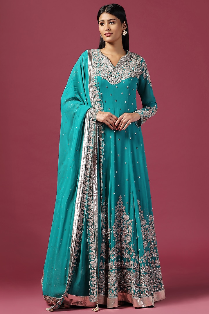 Green Georgette Sequins Embroidered Bridal Anarkali Set by Two Sisters By Gyans at Pernia's Pop Up Shop