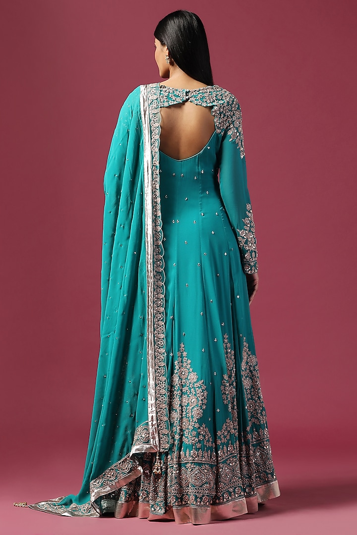 Green Georgette Sequins Embroidered Bridal Anarkali Set by Two Sisters By Gyans at Pernia's Pop Up Shop