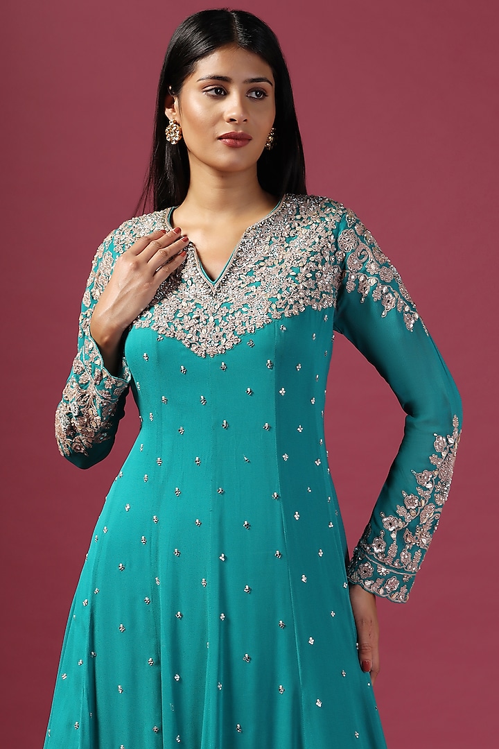 Green Georgette Sequins Embroidered Bridal Anarkali Set by Two Sisters By Gyans at Pernia's Pop Up Shop