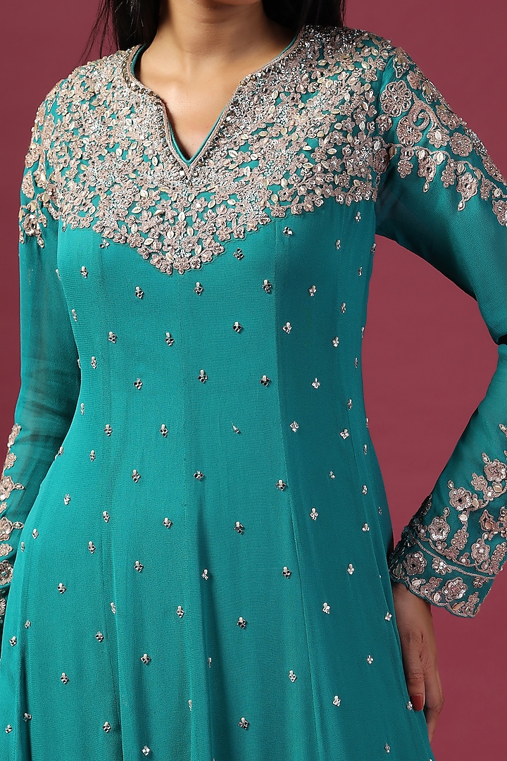 Green Georgette Sequins Embroidered Bridal Anarkali Set by Two Sisters By Gyans at Pernia's Pop Up Shop