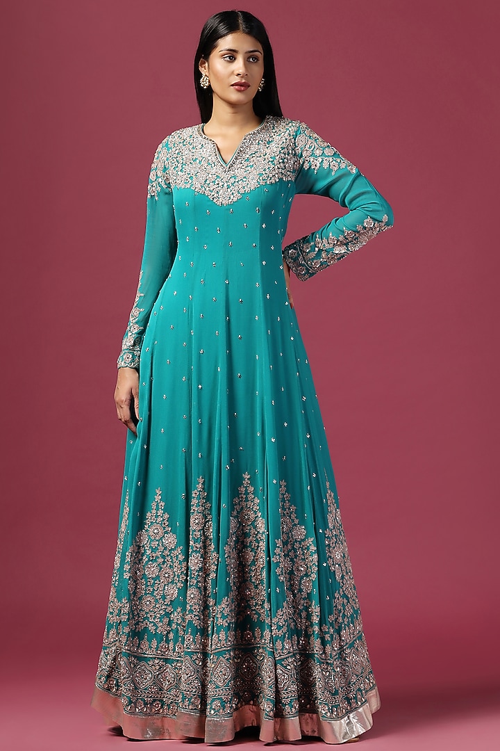 Green Georgette Sequins Embroidered Bridal Anarkali Set by Two Sisters By Gyans at Pernia's Pop Up Shop