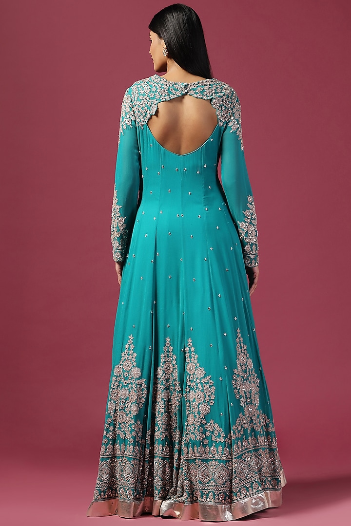 Green Georgette Sequins Embroidered Bridal Anarkali Set by Two Sisters By Gyans at Pernia's Pop Up Shop