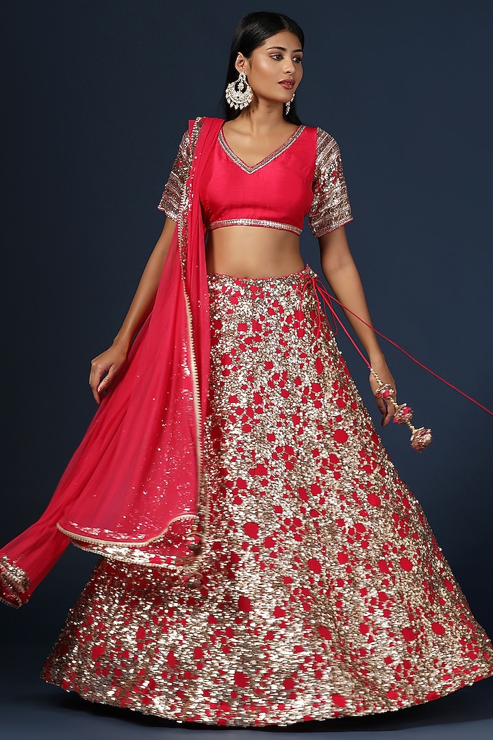 Rani Pink Georgette Sequins Embroidered Wedding Lehenga Set by Two Sisters By Gyans at Pernia's Pop Up Shop