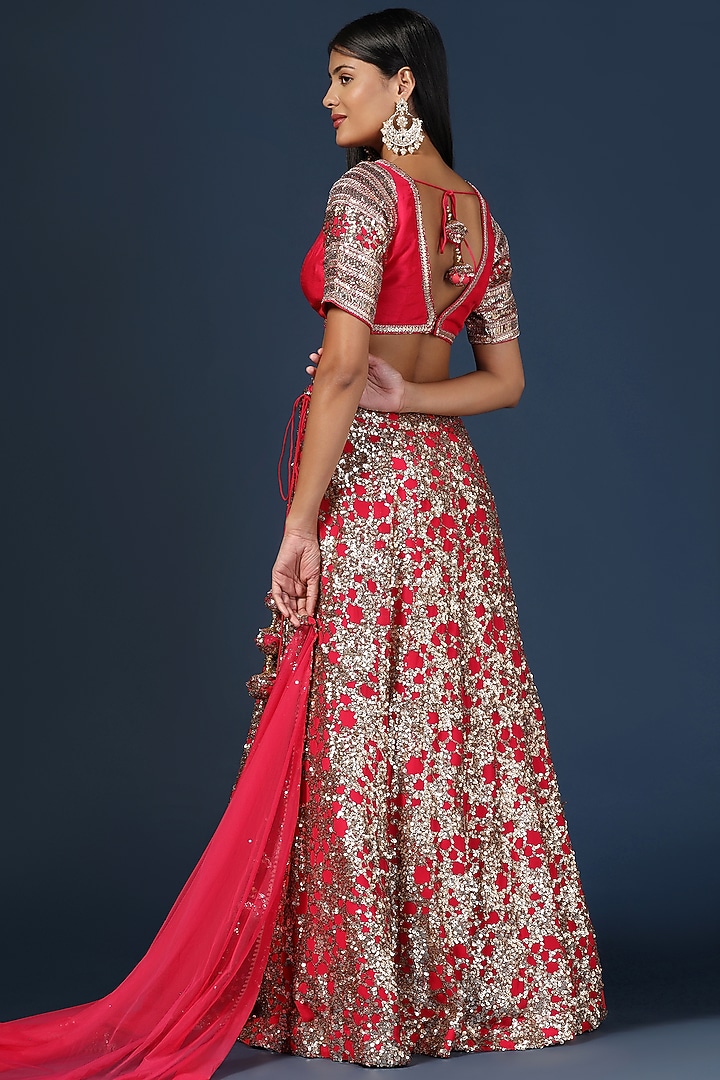 Rani Pink Georgette Sequins Embroidered Wedding Lehenga Set by Two Sisters By Gyans at Pernia's Pop Up Shop