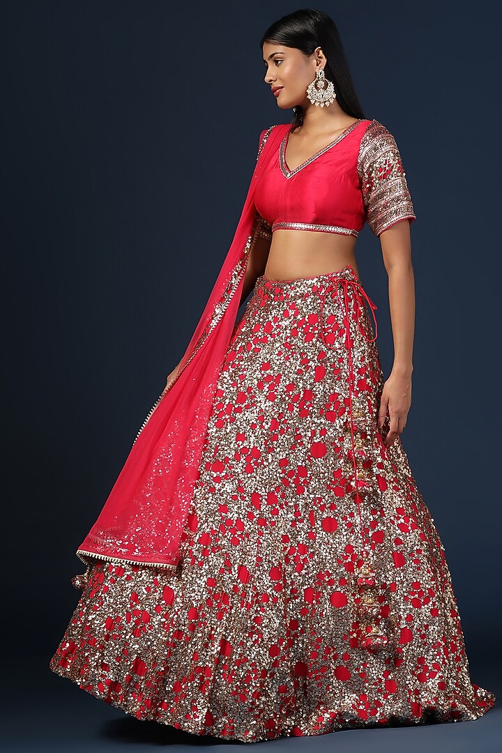 Rani Pink Georgette Sequins Embroidered Wedding Lehenga Set by Two Sisters By Gyans at Pernia's Pop Up Shop