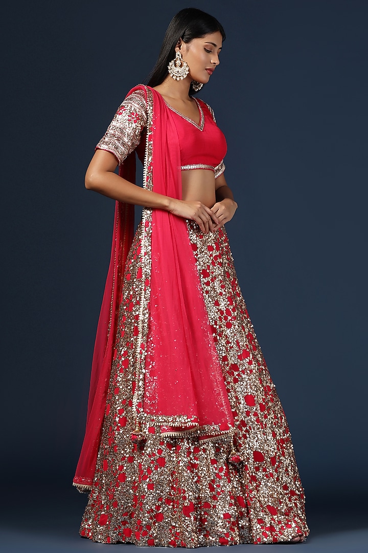 Rani Pink Georgette Sequins Embroidered Wedding Lehenga Set by Two Sisters By Gyans at Pernia's Pop Up Shop