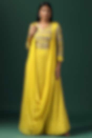 Bright Yellow Georgette Sequins Embroidered Gown by Two Sisters By Gyans at Pernia's Pop Up Shop