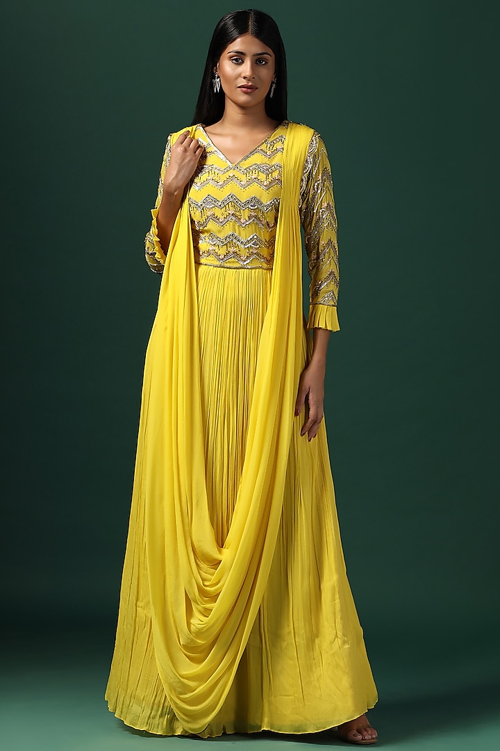 Bright Yellow Georgette Sequins Embroidered Gown by Two Sisters By Gyans at Pernia's Pop Up Shop