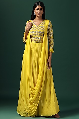 Bright Yellow Georgette Sequins Embroidered Gown by Two Sisters By Gyans