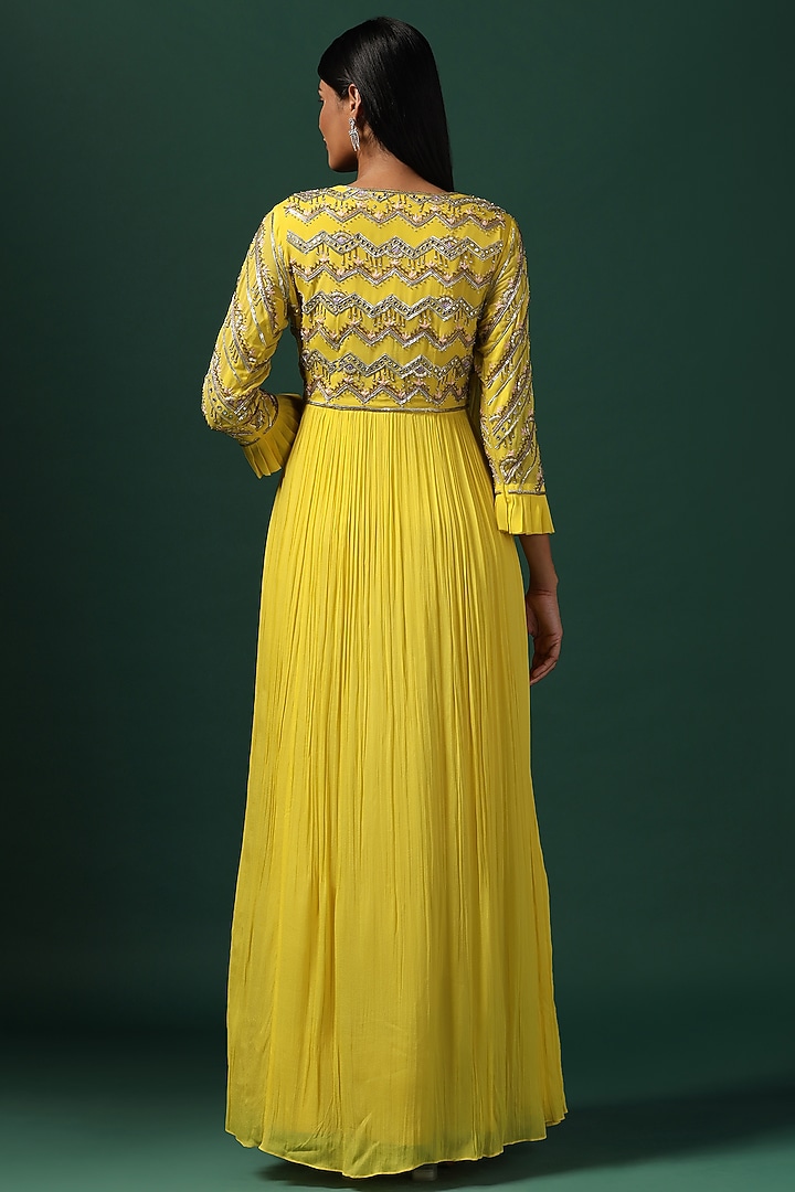 Bright Yellow Georgette Sequins Embroidered Wedding Gown by Two Sisters By Gyans at Pernia's Pop Up Shop