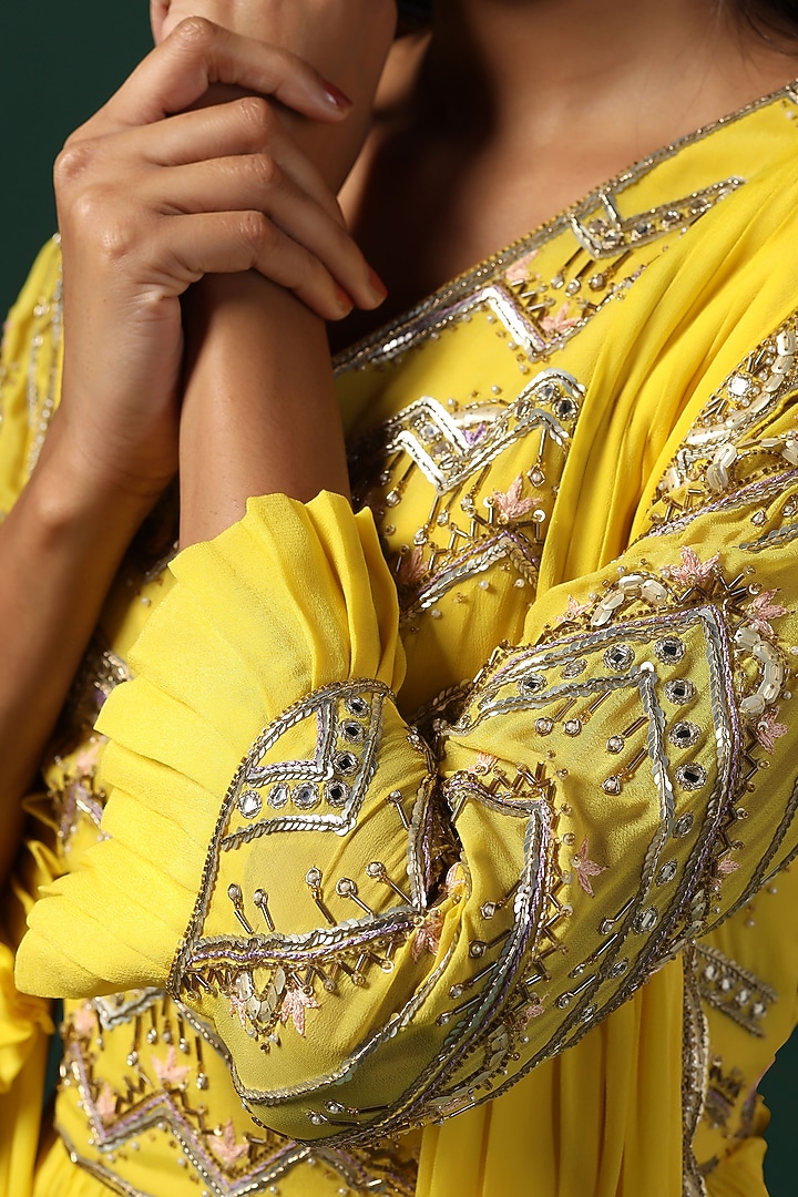 Bright Yellow Georgette Sequins Embroidered Wedding Gown by Two Sisters By Gyans at Pernia's Pop Up Shop