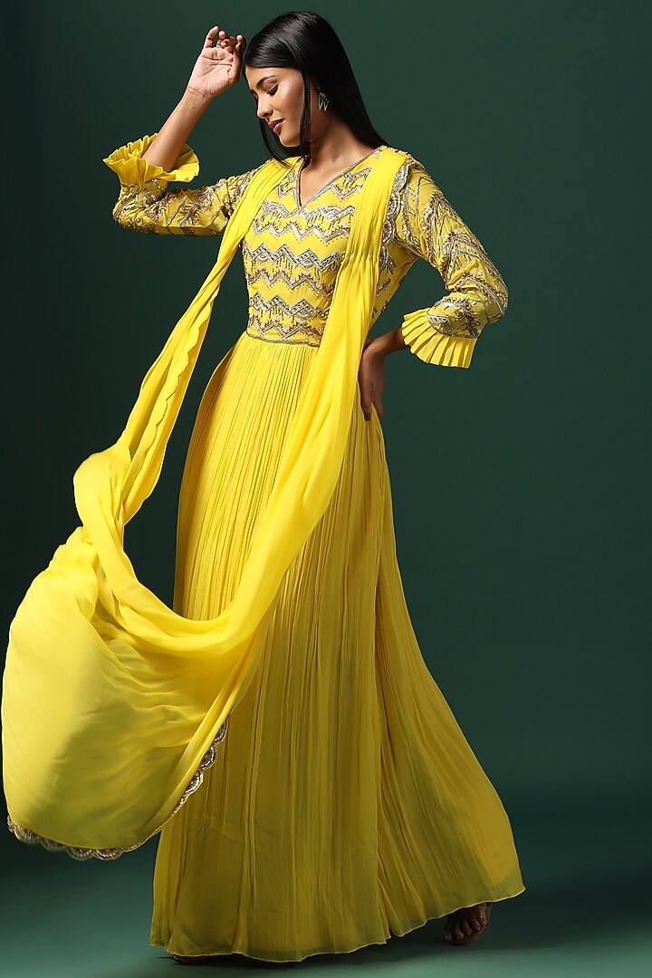Bright Yellow Georgette Sequins Embroidered Wedding Gown by Two Sisters By Gyans at Pernia's Pop Up Shop