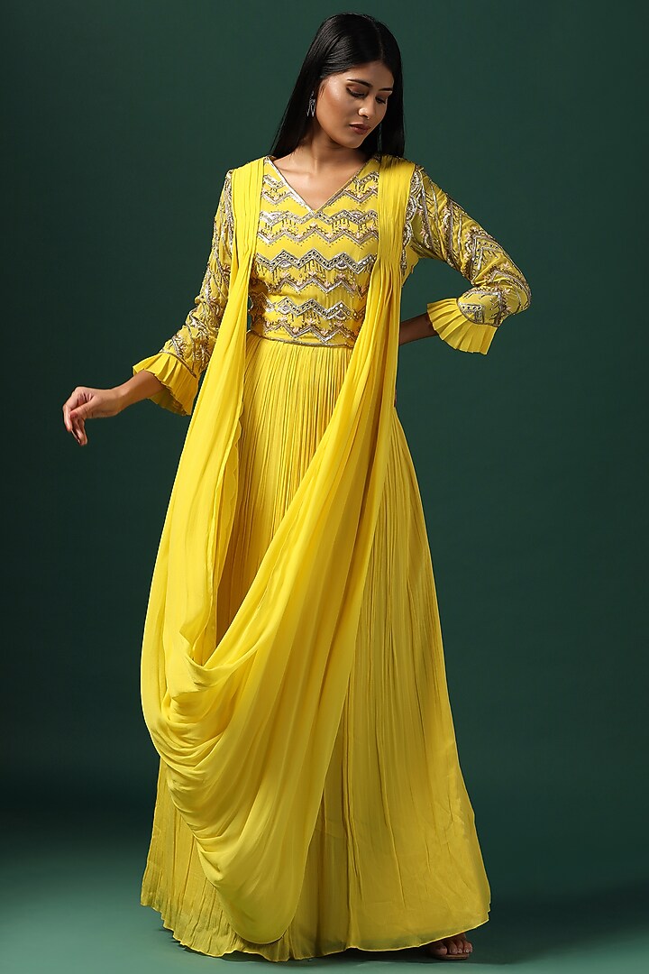 Bright Yellow Georgette Sequins Embroidered Wedding Gown by Two Sisters By Gyans at Pernia's Pop Up Shop