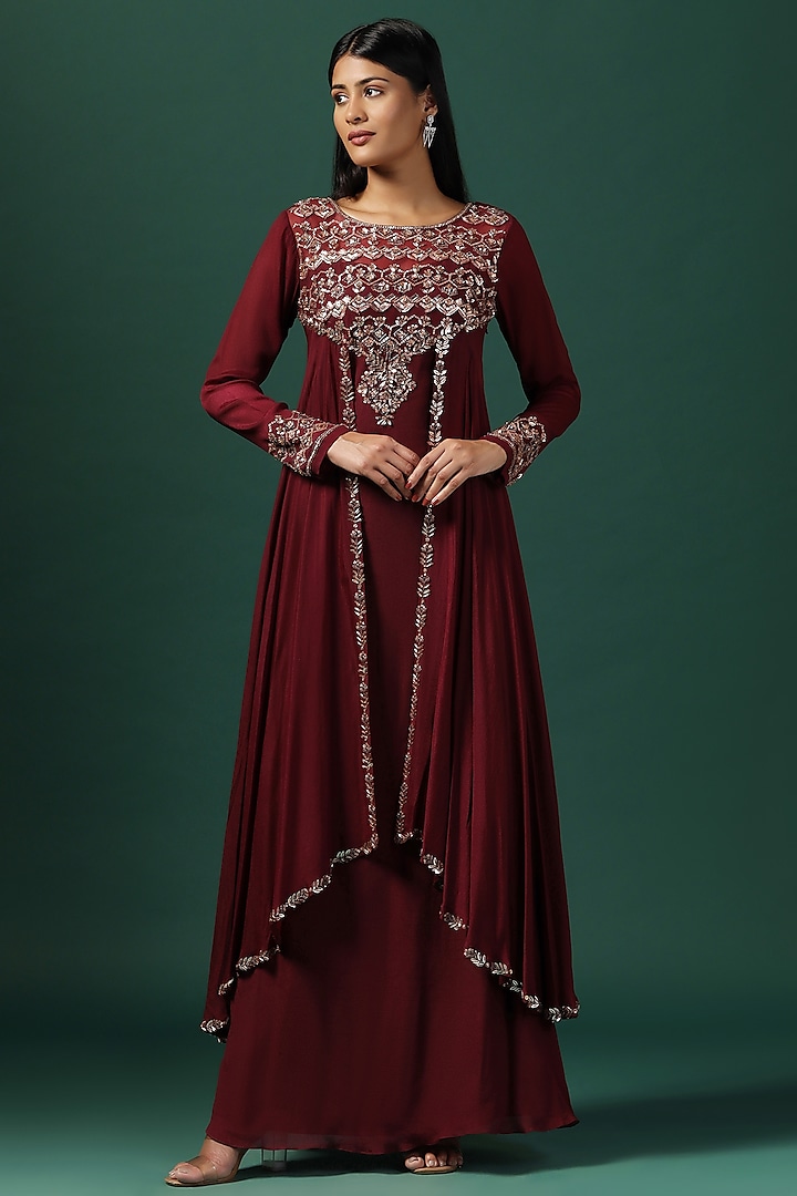 Maroon Georgette Sequins Embroidered Gown by Two Sisters By Gyans at Pernia's Pop Up Shop