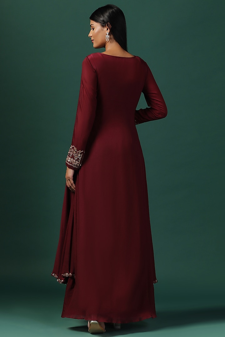Maroon Georgette Sequins Embroidered Engagement Gown by Two Sisters By Gyans at Pernia's Pop Up Shop