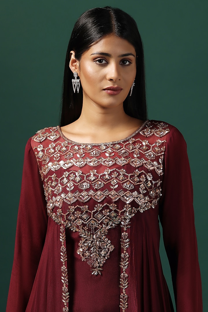 Maroon Georgette Sequins Embroidered Engagement Gown by Two Sisters By Gyans at Pernia's Pop Up Shop