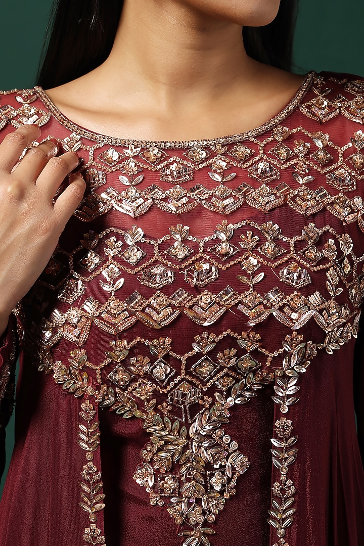 Maroon Georgette Sequins Embroidered Engagement Gown by Two Sisters By Gyans at Pernia's Pop Up Shop